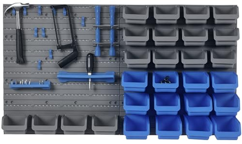 DURHAND Wandregal mit Stapelboxen 44 tlg Werkzeuglochwand Werkzeughalter Werkzeugwand für Werkstatt Sichtlagerkästen Hakenset PP Blau 54x22x95 cm