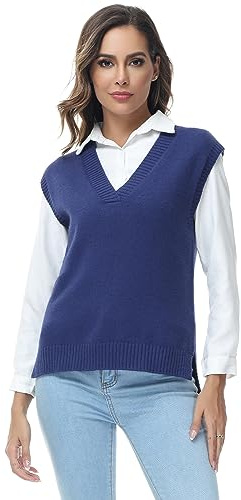 MODFUL Women Knitted Vest Sleeveless V-Neck Sweater Chunky Classic Jumper Pullover (Blue, S)