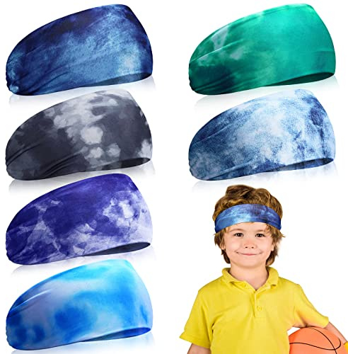 6 Pcs Athletic Headbands for Kids - Boys Football Headbands, Tie Dye Youth Sweat Absorbing Elastic Hairbands
