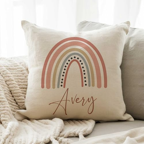 MRC Wood Products Personalized Boho Rainbow Pillow Cover with Custom Name - Unique and Colorful Cushion Case for Home Decor (Cover with Insert)