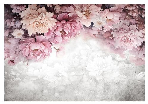 WallArena - Vlies Fototapete Blumen Pfingstrosen Rosen Beton 312x219 cm - Fototapeten - Tapeten - für Wohnzimmer Schlafzimmer - Vliestapete Wandtapete Tapete 3D Effekt- inkl. Kleister