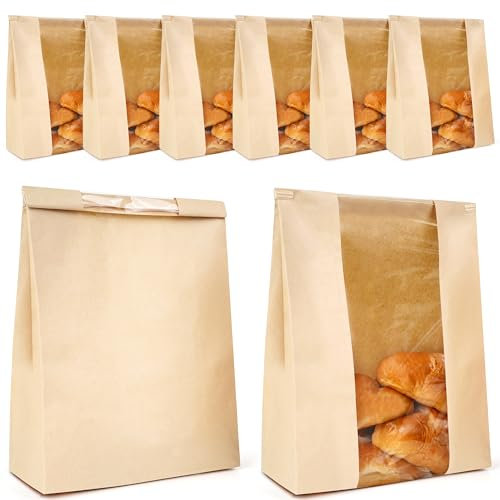 Winter Shore Grand Sac à Pain Conservation en Papier (Lot de 50) - Sachet Kraft Alimentaire Marron avec Fenêtres - Sacs Papier Sandwich, Pâtisserie, Pain, Biscuits Maison, Cadeaux - 21 x 9 x 35 cm
