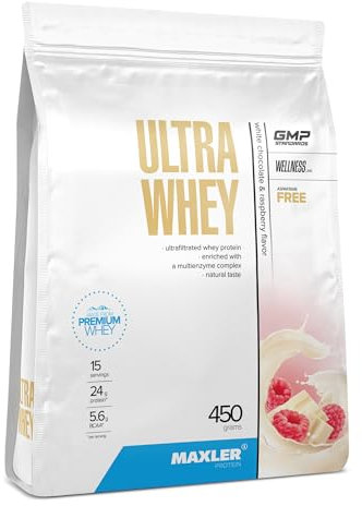 Maxler Proteine ultra siero – 24 g di proteine per porzione – Polvere di proteine del siero di latte – Con BCAA – Cioccolato bianco e lampone - 450g