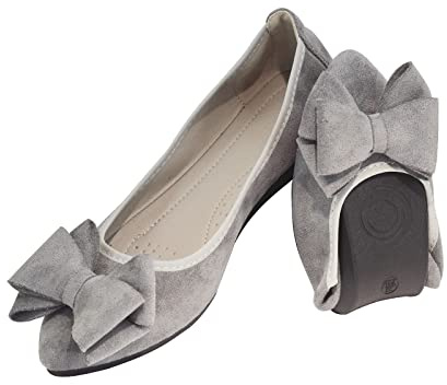 YOUNIFIZ Women Ballet Flats Foldable Fashion Bowtie Comfort Pointed Toe Slip On Ballerina Ladies Casual Comfort Faux Suede Loafers (Grey,Size 6)