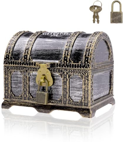 Rongxze Pirate Treasure Chest With Lock - 14 x 10.5 x 11 cm Small Plastic Chest for Children's Gifts, Weddings, Storage and Decorating (Antique Silver)