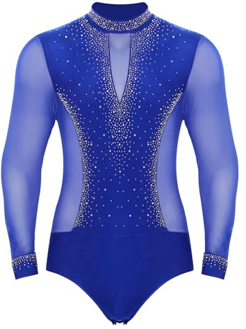 Xnihocha Men's Latin Dance Shirt Sparkle Leotard Unitard Tango Jazz Dance Bodysuit Tops Ballroom Dance Costume Blue L