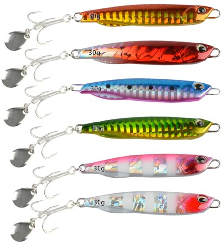Leurres de Pêche Coulants, WASAGA 6 Pièces 10g/15g/20g/25g/30g/40g/60g Appâts de Poisson Spinner Durs en Métal Gabarits pour Truite Perche Saumon Brochet d'Achigan (7.5 cm-30g-6 pièces)