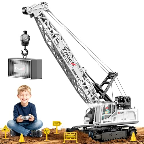 Cheffery Ferngesteuert Kran Spielzeug, 1:16 RC Kran mit 13 Kanälen, 2,4G Kranspielzeug mit Lichter Sprühnebel Realistische Soundeffekte, Großer Kräne Baufahrzeuge Geschenke für Kinder 6+ Jahre (Weiß)