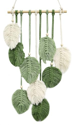 MIPIACE Arazzo da parete in macramè, decorazione da parete bohémien, fatto a mano, con perle di legno, verde, foglie, decorazione fatta a mano, per soggiorno, camera da letto