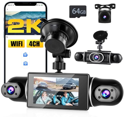 Inefala 2K WiFi 4 Canali Dash Cam 360 Gradi Tutto Intorno Telecamera Auto con Scheda 64 GB, G-Sensor, WDR, Visione Notturna, Monitor di Parcheggio, Registrazione in Loop
