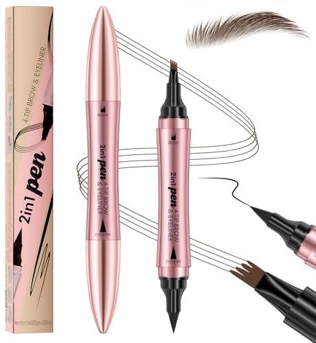 2 en 1 Lápiz Microblading Cejas, Delineador Ojos Doble Punta con Aplicador 4 Puntas Horquilla y Punta Pincel Precisa para Cejas Naturales, Marrón Oscuro