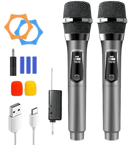 Micrófono inalámbrico, micrófono inalámbrico recargable, micrófono de mano dual con USB-C, micrófono inalámbrico, sistema de micrófono inalámbrico UHF, Plug and Play para karaoke, DJ, fiestas de