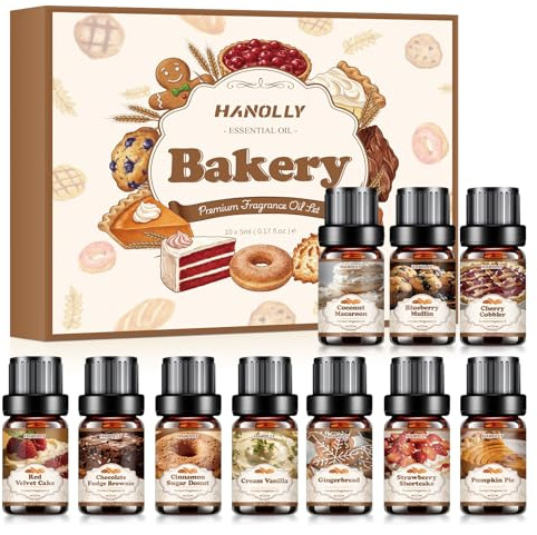 HANOLLY Huile Essentielle Boulangerie 10x5ML, Huiles Essentielles Naturelle Pour Diffuseur, DIY Bougie Halloween, Noël- Pain d’Épices, Tarte à la Citrouille, Crème Vanille, Shortcake à la Fraise