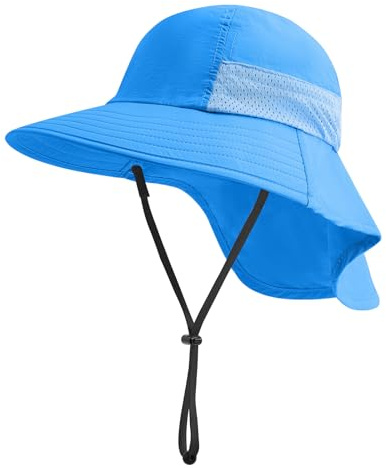 InfiniZer Chapeau de soleil pour enfant fille - Protection UV - 50 bonnets - Large bord - Avec rabat de nuque - Pour enfant de 1 à 12 ans, bleu, M