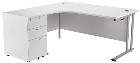 Office Hippo Heavy Duty Left Corner Radial Desk With 3 Drawer High Storage, Home Office Filing, PC Workstation for Office or Home, 5 Yr Warranty, MFC - White, Silver Frame, 160cm x 160.4cm