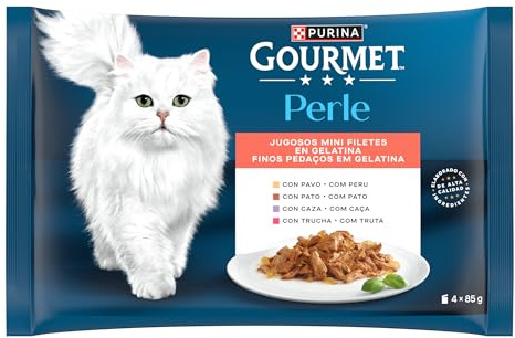 GOURMET Perle Mini Filetes en Salsa, Comida Húmeda para Gato Adulto, Trocitos en Salsa, Surtido de Pavo, Pato, Caza y Trucha, 12 Packs de 4 Sobres de 85 g. (48 sobres)
