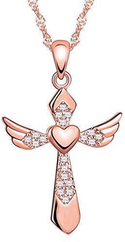 Yumilok Roségold 925 Sterling Silber Zirkonia Herz Engelsflügel Kreuz Anhänger Halskette Kette mit Anhänger Kreuzkette für Damen Mädchen