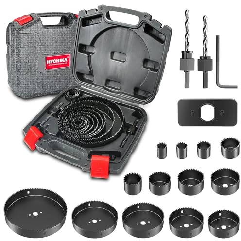 Hole Saw Set HYCHIKA 19 Pcs Hole Saw Kit with 3/4-6(19-152mm) 13Pcs Saw Blades, 2 Mandrels, 2 Drill Bits, 1 Installation Plate, 1 Hex Key, Ideal for Soft Wood, Plywood, Drywall, PVC
