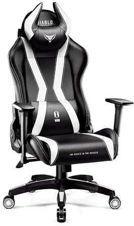 Diablo X-Horn Chaise Gaming Siege Fauteuil Bureau Accoudoirs 3D Design Ergonomique Oreiller Cou Coussin Lombaire Skaï Fonction d'inclinaison Noir-Blanc Normal (L)