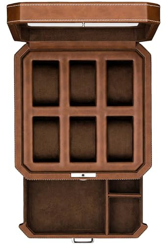 ROTHWELL 6 Slot Leather Watch Box with Valet Drawer - Luxury Watch Case Display Organizer, Men's Storage Boxes Holder Large Glass Top (Tan/Brown)
