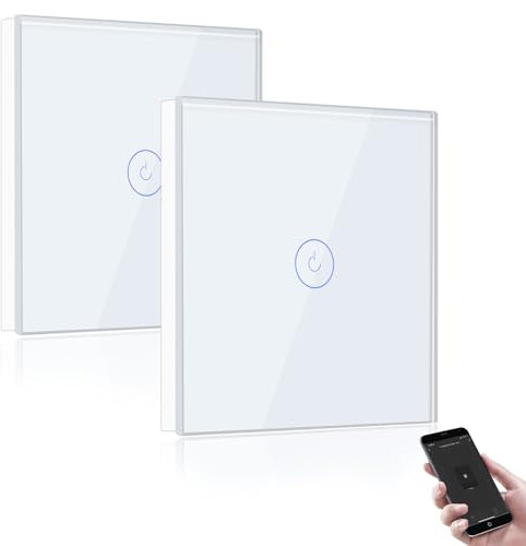 BSEED Smart Lichtschalter 1 Fach 2 Wege Wifi Smart Lichtschalter arbeitet mit Amazon Alexa and Google Home,Glas Touchscreen-schalter Weiß-2 Pack(Erforderlich NeutralDraht)
