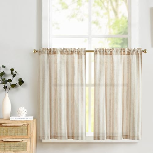 TOPICK Linne, randiga fönstergardiner, ljusgenomsläpplig bistrogardin, sheer, gardin, privat gardin, gardin för små fönster, kök, badrum, vardagsrum, set om 2, 65 B x 90 H (cm) brun på beige