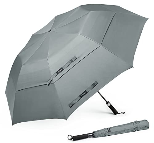 Prospo 62 Inch Portable Golf Umbrella Oversize Automatic Open Stick Umbrella Extra Large Double Canopy Vented Windproof Waterproof Gray