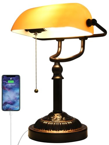 Rizzyluz Bankers Desk Lamp with USB-A Port, Rustic Desk Lamp Pull Chain with Yellow Glass Shade, Vintage Banker's Desk Lamp Oil Rubbed Bronze for Home Office Library