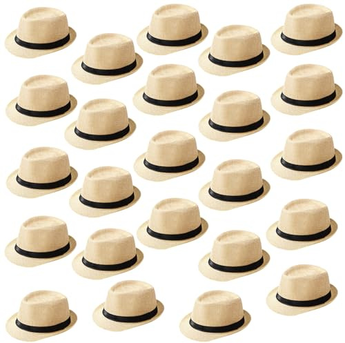 Lasnten 24 Pcs Fedora Style Hat Bulk Men 1920s Gangster Short Brim Panama Cap Women Party Costume, Circumference 60 cm(Beige)