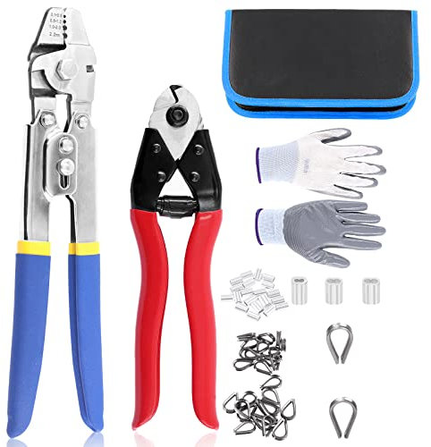Glarks 83 herramientas de prensado de cable azul, cortadores de cable y fundas de anillo de prensado de aluminio y kits de manguito de cable de acero inoxidable