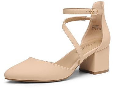 DREAM PAIRS Zapatos de Tacón Bajo Comodas Clásicos de Punta Afilada Zapatos de Salón Elegantes con Hebilla de Tobillo,Size 38,Nude-Nubuck,SDPU2354W