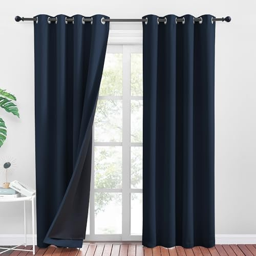 PONY DANCE Rideaux Occultant - Rideau Isolation Phonique Anti Froid à Oeillets Isolant Lumineux Tissu Lourd dans Noir Complet, Bleu Foncé, 140 cm Largeur sur 240 Hauteur, 2 PCs