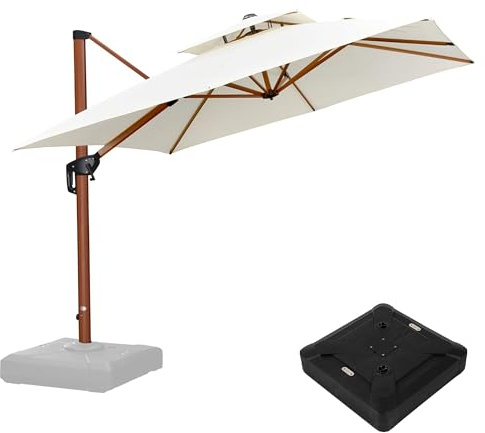 PURPLE LEAF Alu Ampelschirm Groß 270 x 270 cm Holzoptik Doppeldach Sonnenschirm mit schirmständer Gartenschirm mit Kurbel 360° Drehbar XXL, Sonnenschutz UV50+, Cream