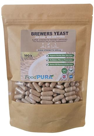FoodPURA 180 x 600mg Brewers Yeast Capsules 100% Pure & Natural Not Debittered HACCP Certified Manufactured in The UK (180)