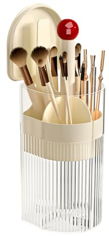 YIEZI Makeup Brush Holder with Lid, One-Hand Press Open/Close Covered Cosmetic Tools Organiser, Clear Waterproof Dustproof Make Up Storage for Vanity, Bathroom Countertop-Cream-Red Ball