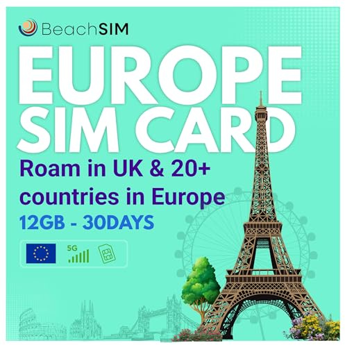 BeachSIM Tarjeta SIM Europa 30 días. 12GB de Datos con Velocidad 4G/5G. Funciona en el UK, Suiza y 27 países de la UE. Activación rápida. Compatible con Dispositivos iOS y Android.