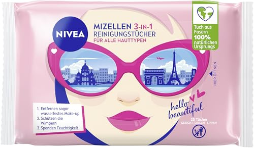 NIVEA 3in1 Mizellen Reinigungstücher, sanfte Gesichtsreinigungstücher mit Provitamin B5, milde Abschminktücher entfernen Make-Up & wasserfeste Mascara (25 Stück)