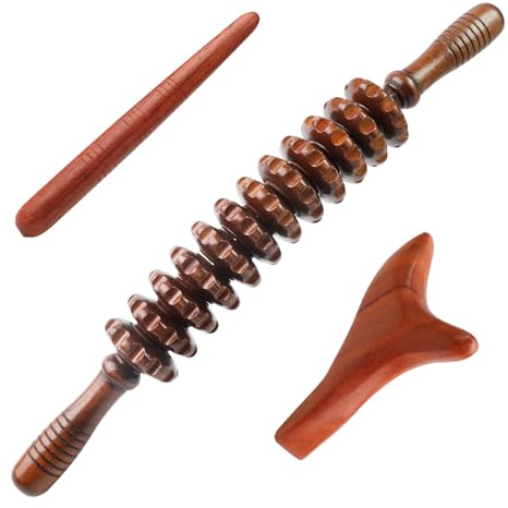 Faszienrolle Holz 12 Runden,Massagestäbchen Triggerpunkt,Massage Roller mit Griff,Ergonomisches Design,Faszienstab Holz,Einfach zu Benutzen,Massage Set für Rücken Beine Wirbelsäule