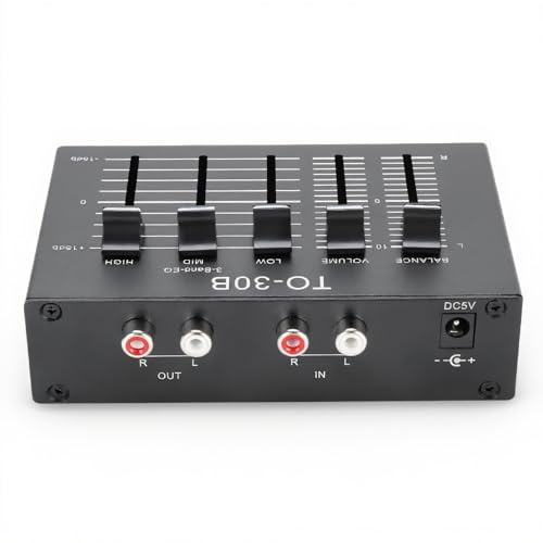XUMIUZIY Preamplificador de Fono con 3 Bandas EQ 2 Canal, Ecualizador de Sonido Digital para Reproductor de Discos, Ajuste de Tono bajo Medio de 12 DB, Control de Volumen Equilibrado,