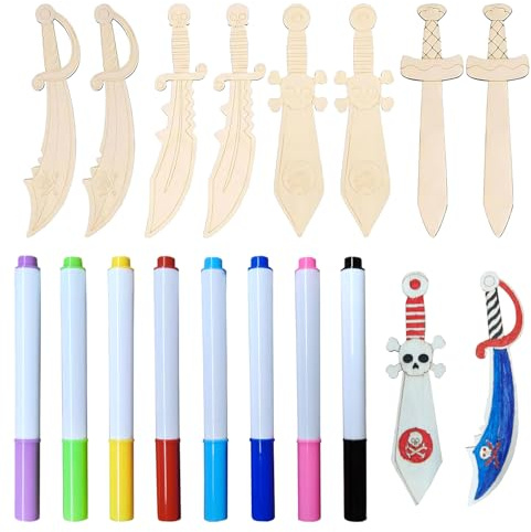 Sztqqing Holzschwert Kinder Bastelset - 8 Stück Piratenschwert Holz mit 8 Farbstiften zum Bemalen, Kreatives DIY Piraten Deko für Kindergeburtstag, Karneval, Halloween Geschenk