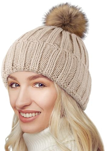 NEOLA Gorros de Invierno para Mujeres - Gorro Beanie con Forro Polar para Damas Gorro de Punto Suave y Cálido con Pompón Desmontable de Piel Sintética Gruesa para Deportes al Aire Libre Esquí Reino