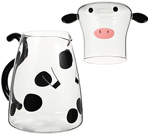 Cabilock Mignon Verre Pichet D' Mignon Vache Froid Pichet 550Ml Pichet en Verre avec Couvercle pour Jus De Fruits Thé Glacé Froid D' Noir, Blanc