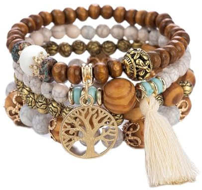 GAUEIOUR Boho Beaded Bracelet,Tree of Life Pendant Multilayer Wooden Beaded Bracelet, Stretch Elastic, Jewelry Set Stackable or Wearable Separately,Boho Ethnic Travel Bracelets(Pack Of 4)