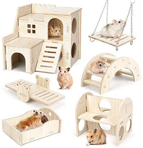 Hamster Spielzeug, 6 Stück Holz Hamsterhaus Spielzeug für Hamster aus Holz Hamster Kauspielzeug Spielzeug Hamster Versteck Haus Trainingspielzeug für Chinchilla, Meerschweinchen, Rennmaus, Kaninchen