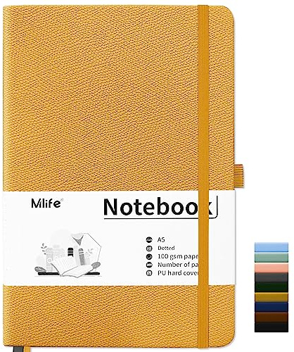 Mlife Carnet de Notes Pointillé A5 200 Pages,PU Hard Cover Notebook Avec Papier Épais de Qualité Supérieure 100 g/m²,Bloc-Notes Pour la Planification, l'agenda et la Prise de Notes.(Jaune)
