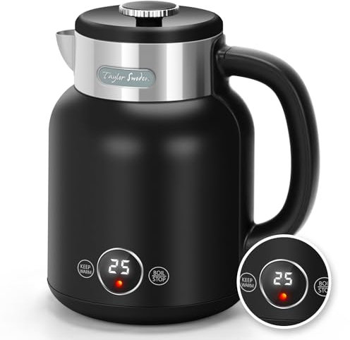 Taylor Swoden Electric Kettle with 5 Temperature Control, 1.7L Fast Boil Quiet Kettles Cordless, Keep Warm, LED Display, Double-Walled Insulation, Stainless Steel, 2200W, Black -Asher