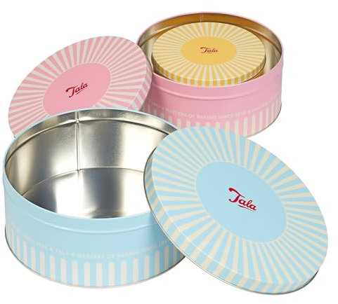 Tala Juego de 3 latas de almacenamiento para tartas tradicionales, redondas, perfectas para guardar pasteles, galletas y golosinas saladas, tamaños: 25,5 cm x 10 cm, 22 x 9,5 cm y 17 cm x 8,2 cm