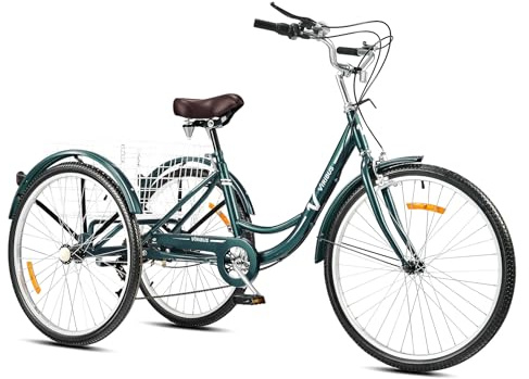 VIRIBUS 26 Inch Adult Tricycle, 7 Speed Adult Trike 3 Wheel Cargo Bike with Basket & 205 kg Cap for Men Women Seniors, Adjustable Three Wheel Bike Cruiser Bicycle for Shopping Cycling Pedalling, Green