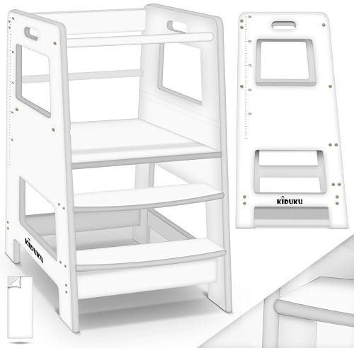 KIDUKU® Lernturm aus Holz ab 1 Jahr mit 4 Stück Antirutsch Pads | Montessori Kinder-Schemel für Kinder | Lerntower für höchste Sicherheit | Learning Tower für Mädchen & Jungen (Weiß)