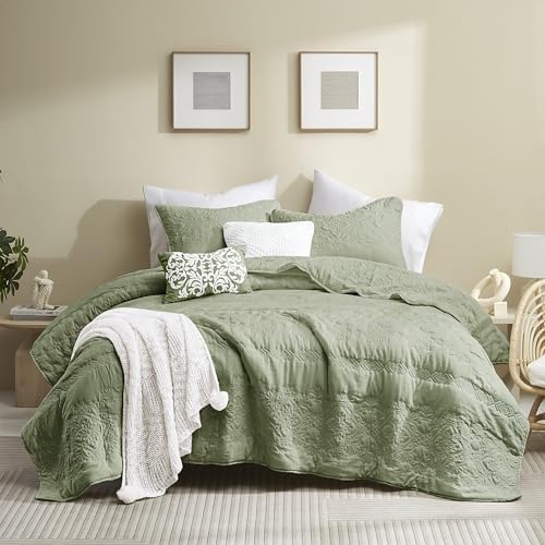 Juego de Ropa de Cama Bohemio Verde Salvia tamaño King con Funda de Almohada, Colcha Bohemia Ligera y Suave, Manta Acolchada Fina para Todas Las Estaciones, 3 Piezas, 104 x 90 Pulgadas